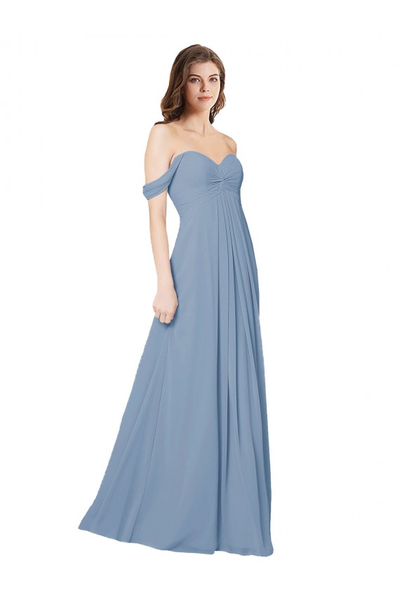 Bleu poussiéreux Trapèze Mousseline Longue Robes demoiselle d'honneur Pas Chère