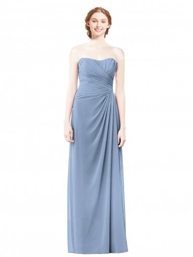 Bleu poussiéreux Trapèze Sans bretelle Mousseline Longue Robes demoiselle d'honneur Pas Chre