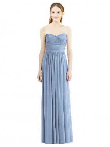 Bleu poussiéreux Trapèze Sans bretelle Mousseline Longue Robes demoiselle d'honneur Pas Chre
