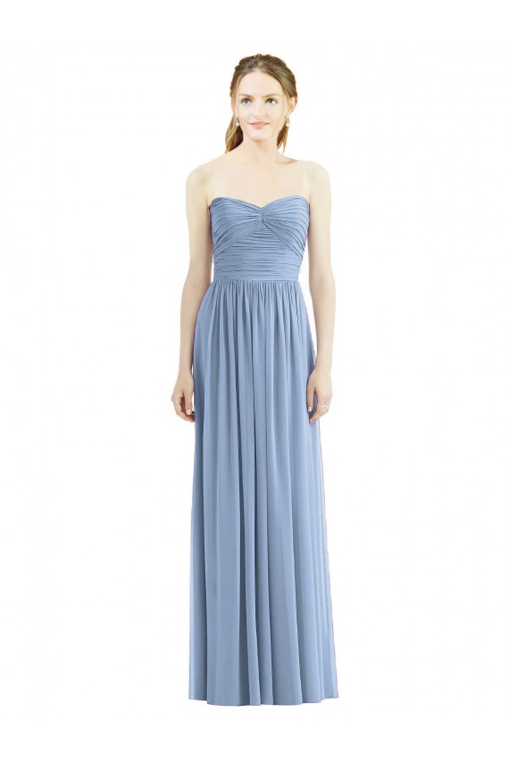 Bleu poussiéreux Trapèze Sans bretelle Mousseline Longue Robes demoiselle d'honneur Pas Chère