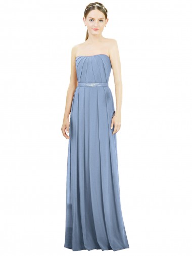 Bleu poussiéreux Trapèze Sans bretelle Mousseline Longue Robes demoiselle d'honneur Pas Chre