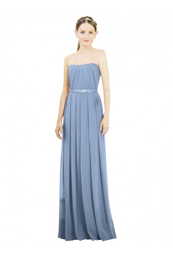 Bleu poussiéreux Trapèze Sans bretelle Mousseline Longue Robes demoiselle d'honneur Pas Chère