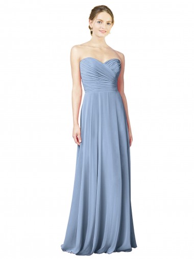 Bleu poussiéreux Trapèze Sans bretelle Mousseline Longue Robes demoiselle d'honneur Pas Chre