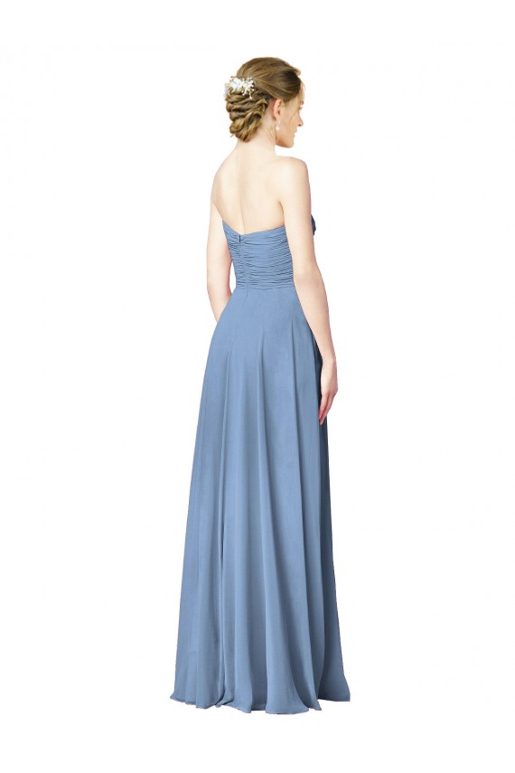 Bleu poussiéreux Trapèze Sans bretelle Mousseline Longue Robes demoiselle d'honneur Pas Chère
