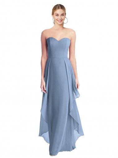Bleu poussiéreux Trapèze Sans bretelle Mousseline Longue Robes demoiselle d'honneur Pas Chre