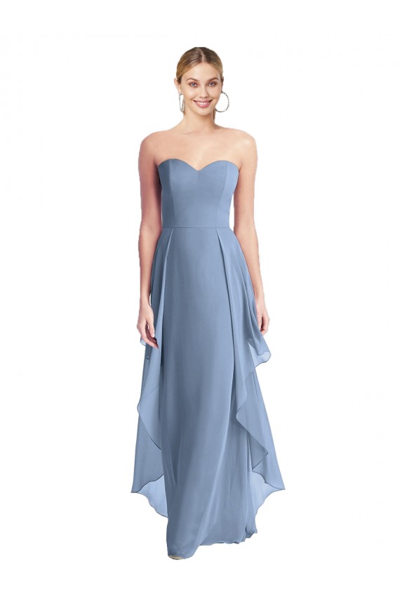 Bleu poussiéreux Trapèze Sans bretelle Mousseline Longue Robes demoiselle d'honneur Pas Chère