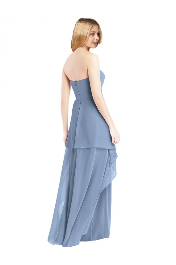 Bleu poussiéreux Trapèze Sans bretelle Mousseline Longue Robes demoiselle d'honneur Pas Chère