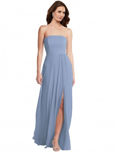 Bleu poussiéreux Trapèze Sans bretelle Mousseline Longue Robes demoiselle d'honneur Pas Chre