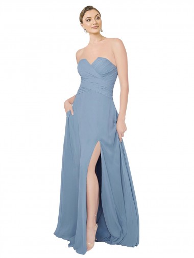 Bleu poussiéreux Trapèze Sans bretelle Mousseline Longue Robes demoiselle d'honneur Pas Chre