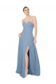 Bleu poussiéreux Trapèze Sans bretelle Mousseline Longue Robes demoiselle d'honneur Pas Chère