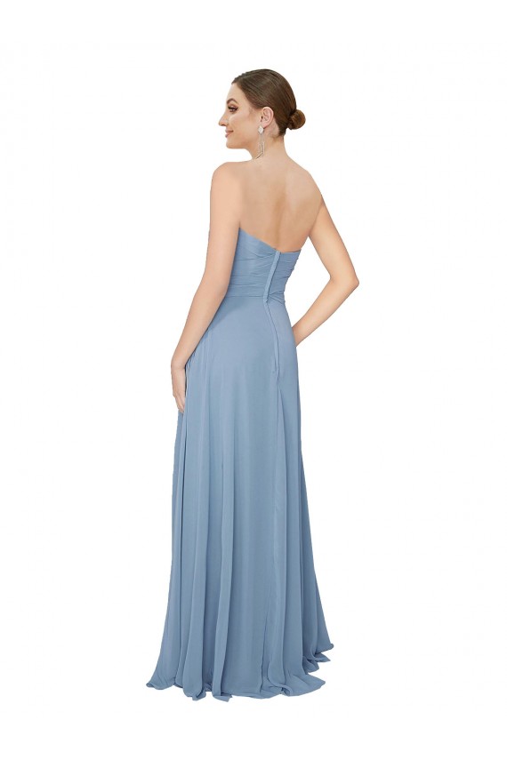 Bleu poussiéreux Trapèze Sans bretelle Mousseline Longue Robes demoiselle d'honneur Pas Chère