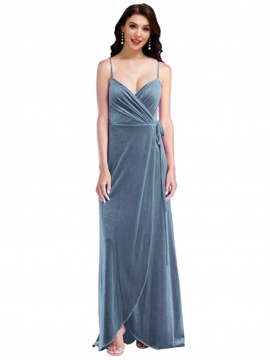 Bleu poussiéreux Trapèze Velours Stretch Longue Robes demoiselle d'honneur / Robes de bal Pas Chre