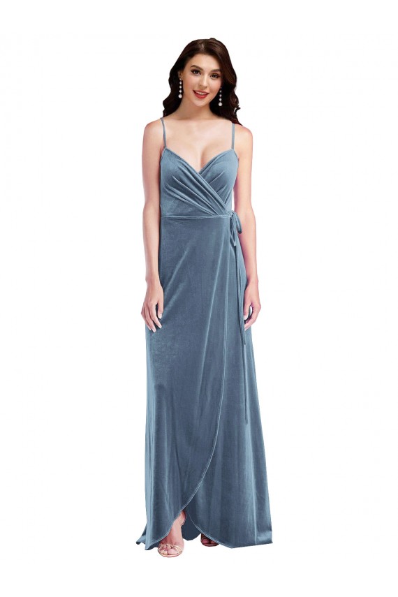Bleu poussiéreux Trapèze Velours Stretch Longue Robes demoiselle d'honneur / Robes de bal Pas Chère