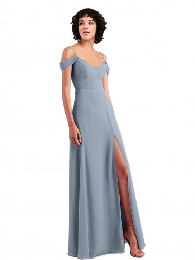 Bleu poussiéreux Trapèze Épaule Dénudée Bretelles spaghetti Mousseline Longue Robes demoiselle d'honneur Pas Chre