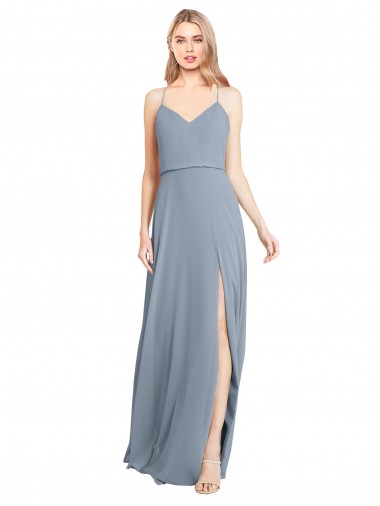 Bleu poussiéreux Trapèze Épaule Dénudée Bretelles spaghetti Mousseline Longue Robes demoiselle d'honneur Pas Chre