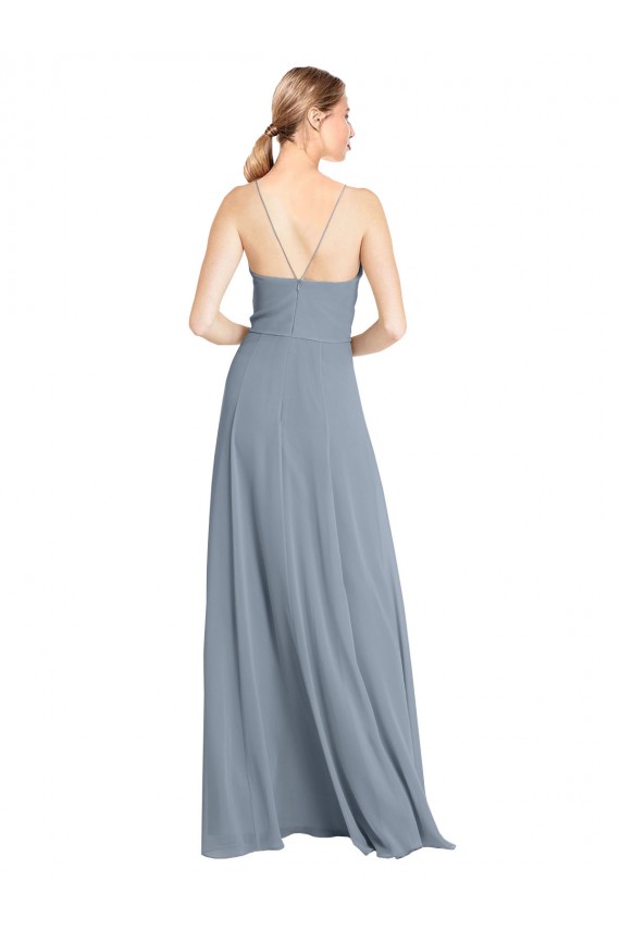 Bleu poussiéreux Trapèze Épaule Dénudée Bretelles spaghetti Mousseline Longue Robes demoiselle d'honneur Pas Chère