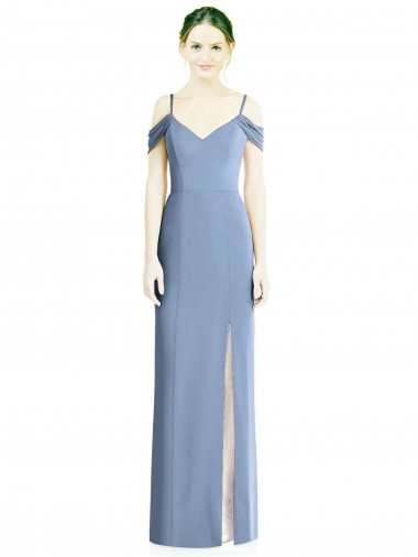 Bleu poussiéreux Trapèze Épaule Dénudée Mousseline Longue Formelles Robes demoiselle d'honneur / Robes de soirée Pas Chre