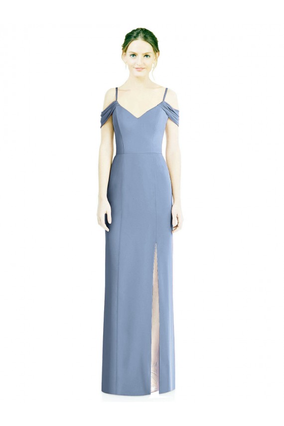 Bleu poussiéreux Trapèze Épaule Dénudée Mousseline Longue Formelles Robes demoiselle d'honneur / Robes de soirée Pas Chère