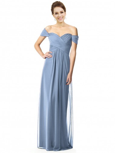 Bleu poussiéreux Trapèze Épaule Dénudée Mousseline Longue Robes demoiselle d'honneur Pas Chre