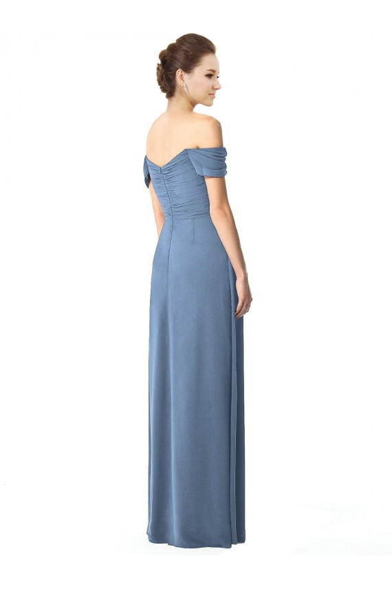 Bleu poussiéreux Trapèze Épaule Dénudée Mousseline Longue Robes demoiselle d'honneur Pas Chère