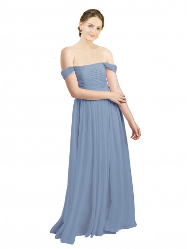 Bleu poussiéreux Trapèze Épaule Dénudée Mousseline Longue Robes demoiselle d'honneur Pas Chre