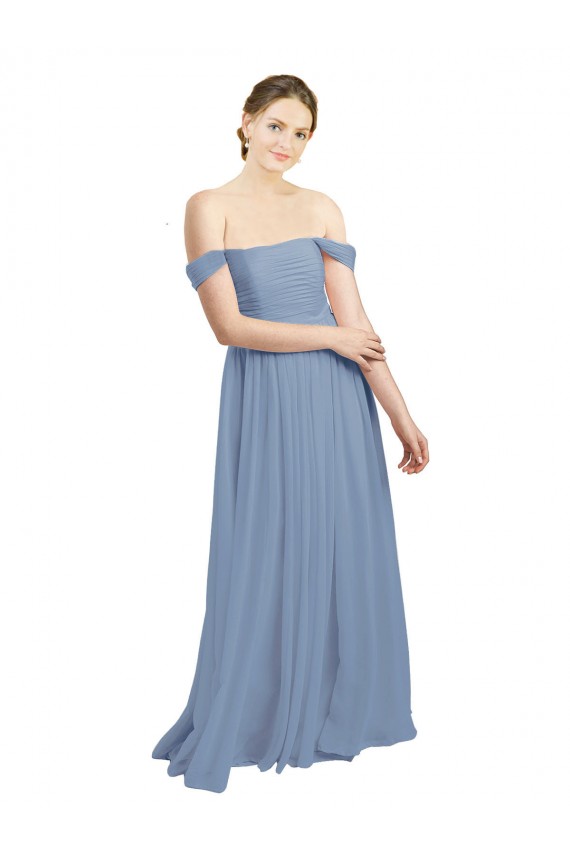Bleu poussiéreux Trapèze Épaule Dénudée Mousseline Longue Robes demoiselle d'honneur Pas Chère