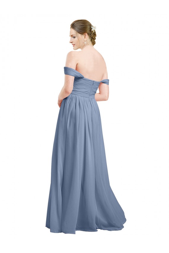 Bleu poussiéreux Trapèze Épaule Dénudée Mousseline Longue Robes demoiselle d'honneur Pas Chère