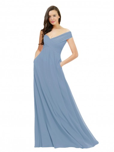 Bleu poussiéreux Trapèze Épaule Dénudée Mousseline Longue Robes demoiselle d'honneur Pas Chre