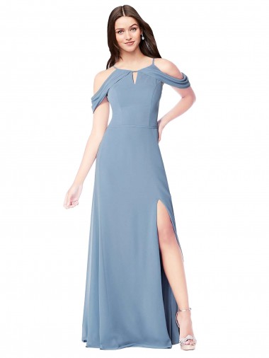 Bleu poussiéreux Trapèze Épaule Dénudée Mousseline Longue Robes demoiselle d'honneur Pas Chre