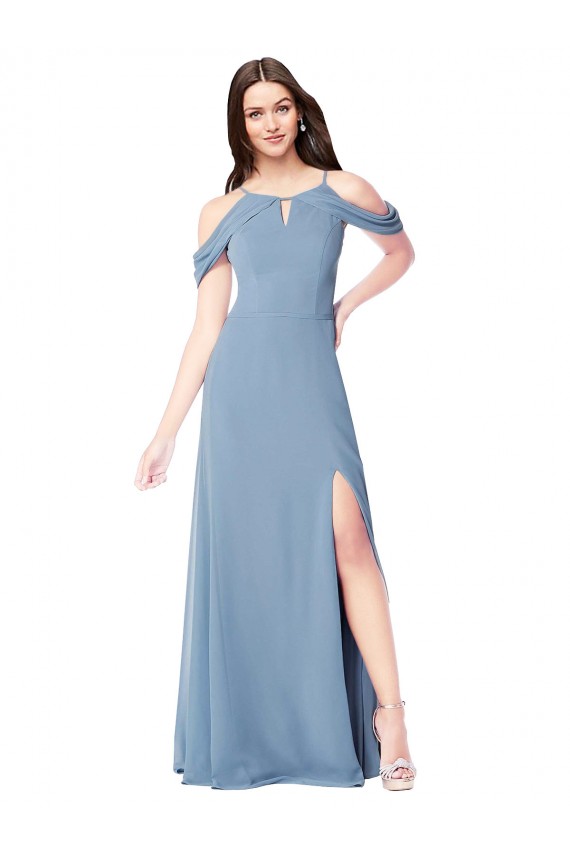 Bleu poussiéreux Trapèze Épaule Dénudée Mousseline Longue Robes demoiselle d'honneur Pas Chère