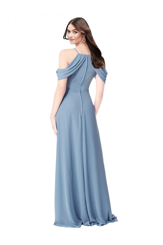 Bleu poussiéreux Trapèze Épaule Dénudée Mousseline Longue Robes demoiselle d'honneur Pas Chère