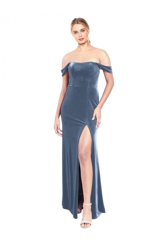 Bleu poussiéreux Trapèze Épaule Dénudée Sans bretelle Velours Stretch Longue Robes demoiselle d'honneur / Robes de bal Pas Chère