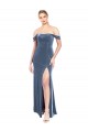 Bleu poussiéreux Trapèze Épaule Dénudée Sans bretelle Velours Stretch Longue Robes demoiselle d'honneur / Robes de bal Pas Chère