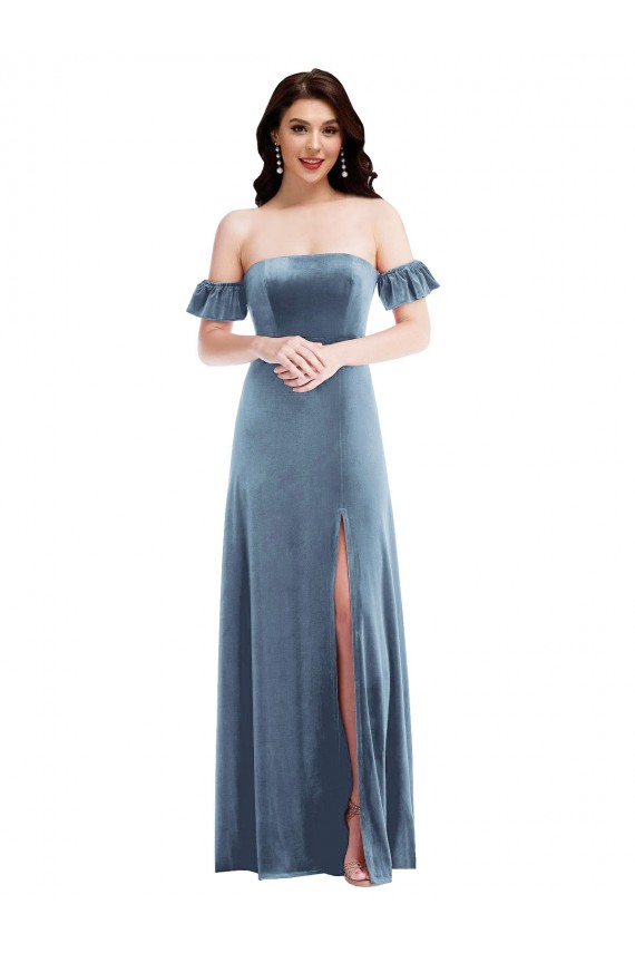 Bleu poussiéreux Trapèze Épaule Dénudée Velours Stretch Longue Robes demoiselle d'honneur / Robes de bal Pas Chère