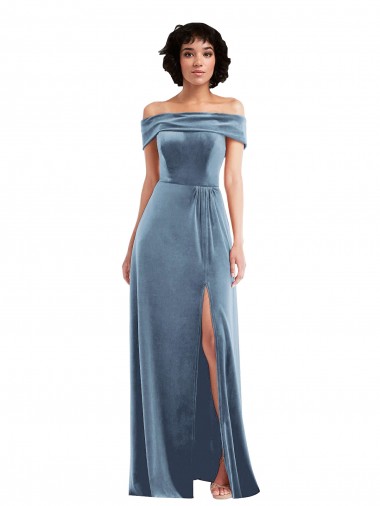 Bleu poussiéreux Trapèze Épaule Dénudée Velours Stretch Longue Robes demoiselle d'honneur / Robes de bal Pas Chre