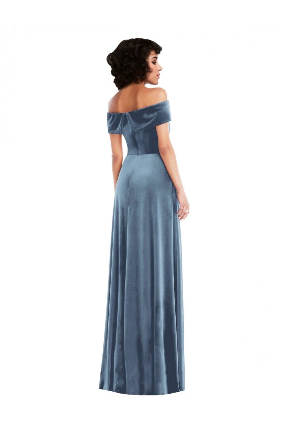 Bleu poussiéreux Trapèze Épaule Dénudée Velours Stretch Longue Robes demoiselle d'honneur / Robes de bal Pas Chère