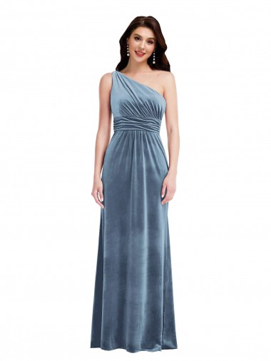 Bleu poussiéreux Trapèze Épaule Dénudée Velours Stretch Longue Robes demoiselle d'honneur / Robes de bal Pas Chre
