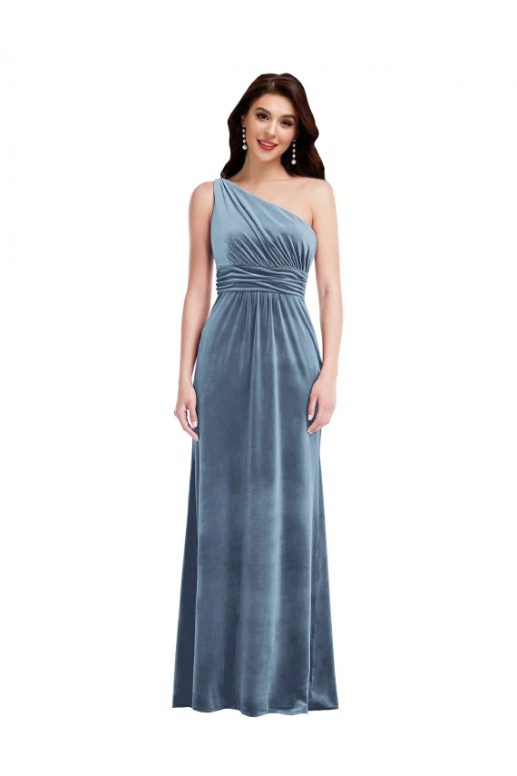 Bleu poussiéreux Trapèze Épaule Dénudée Velours Stretch Longue Robes demoiselle d'honneur / Robes de bal Pas Chère