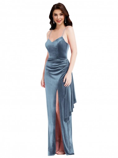 Bleu poussiéreux Trompette Bretelles spaghetti Velours Stretch Longue Formelles Robes demoiselle d'honneur / Robes de soirée / Robes de bal Pas Chre