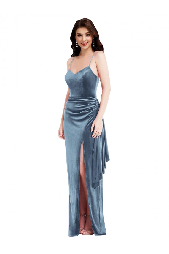 Bleu poussiéreux Trompette Bretelles spaghetti Velours Stretch Longue Formelles Robes demoiselle d'honneur / Robes de soirée / Robes de bal Pas Chère