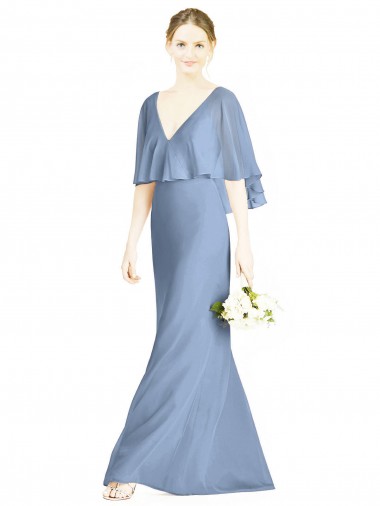 Bleu poussiéreux Trompette Col V Mousseline Longue Robes demoiselle d'honneur Pas Chre