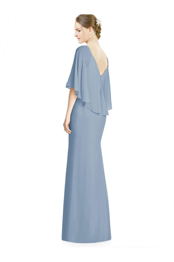 Bleu poussiéreux Trompette Col V Mousseline Longue Robes demoiselle d'honneur Pas Chère