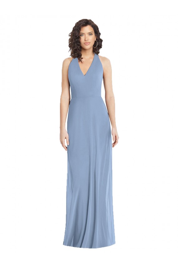 Bleu poussiéreux Trompette Licou Col V Mousseline Longue Formelles Robes demoiselle d'honneur / Robes de soirée Pas Chère
