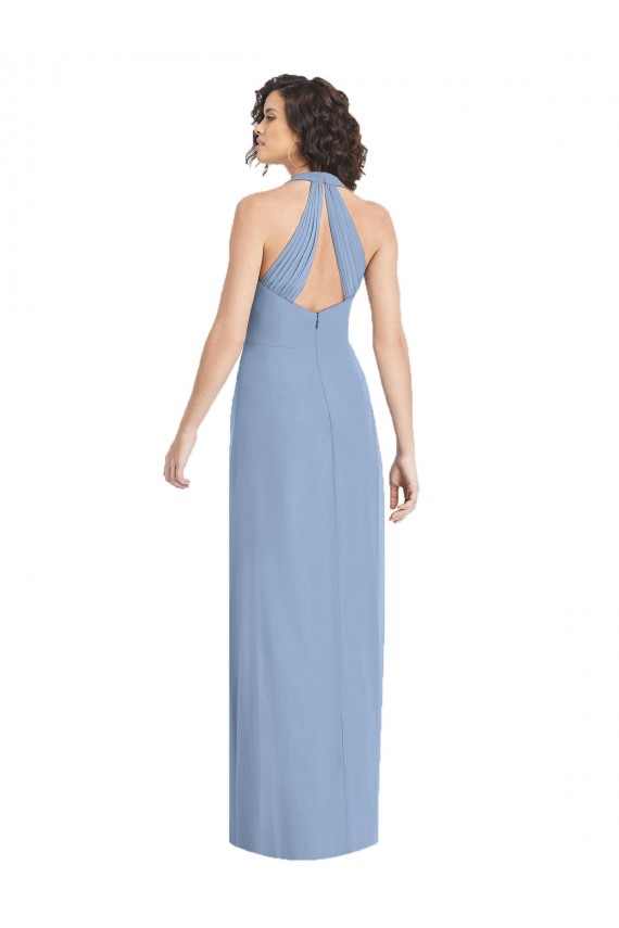Bleu poussiéreux Trompette Licou Col V Mousseline Longue Formelles Robes demoiselle d'honneur / Robes de soirée Pas Chère