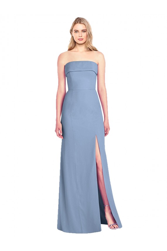 Bleu poussiéreux Trompette Sans bretelle Mousseline Longue Robes demoiselle d'honneur Pas Chère