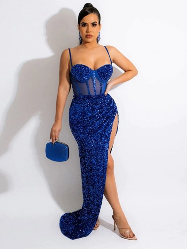 Bleu roi Fourreau Bretelles spaghetti Balayage train Paillettes Velours Longue Robes de bal Pas Chre