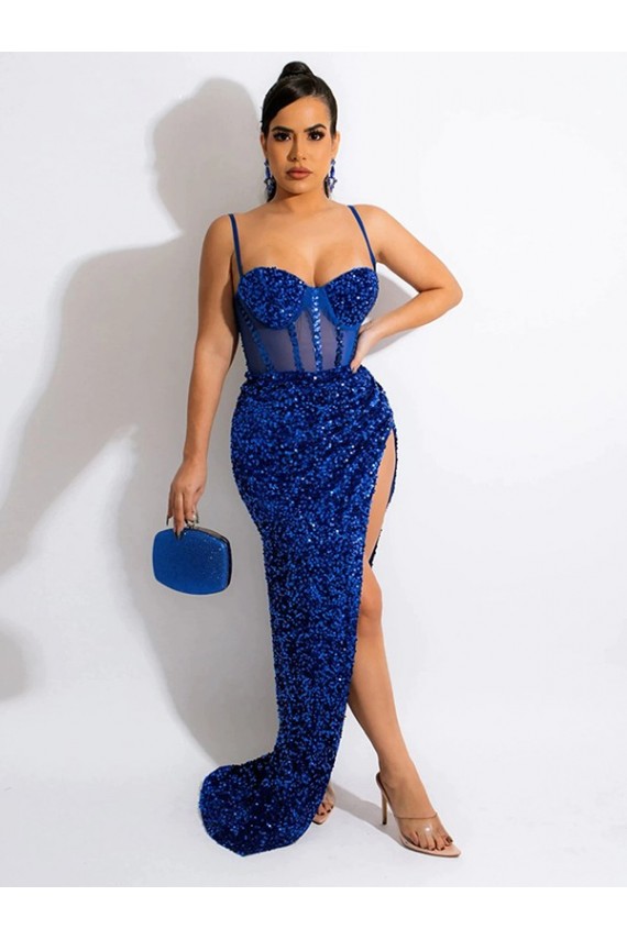 Bleu roi Fourreau Bretelles spaghetti Balayage train Paillettes Velours Longue Robes de bal Pas Chère