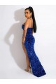 Bleu roi Fourreau Bretelles spaghetti Balayage train Paillettes Velours Longue Robes de bal Pas Chère