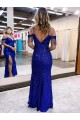 Bleu roi Fourreau Bretelles spaghetti Col V Paillettes Velours Longue Robes de bal Pas Chère