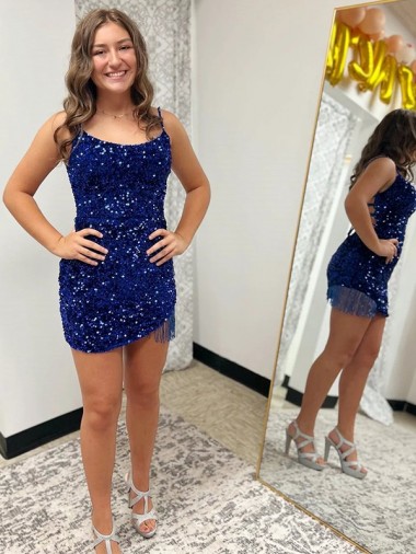 Bleu roi Fourreau Bretelles spaghetti Courte Paillettes Velours Courte Robes de bal Pas Chre